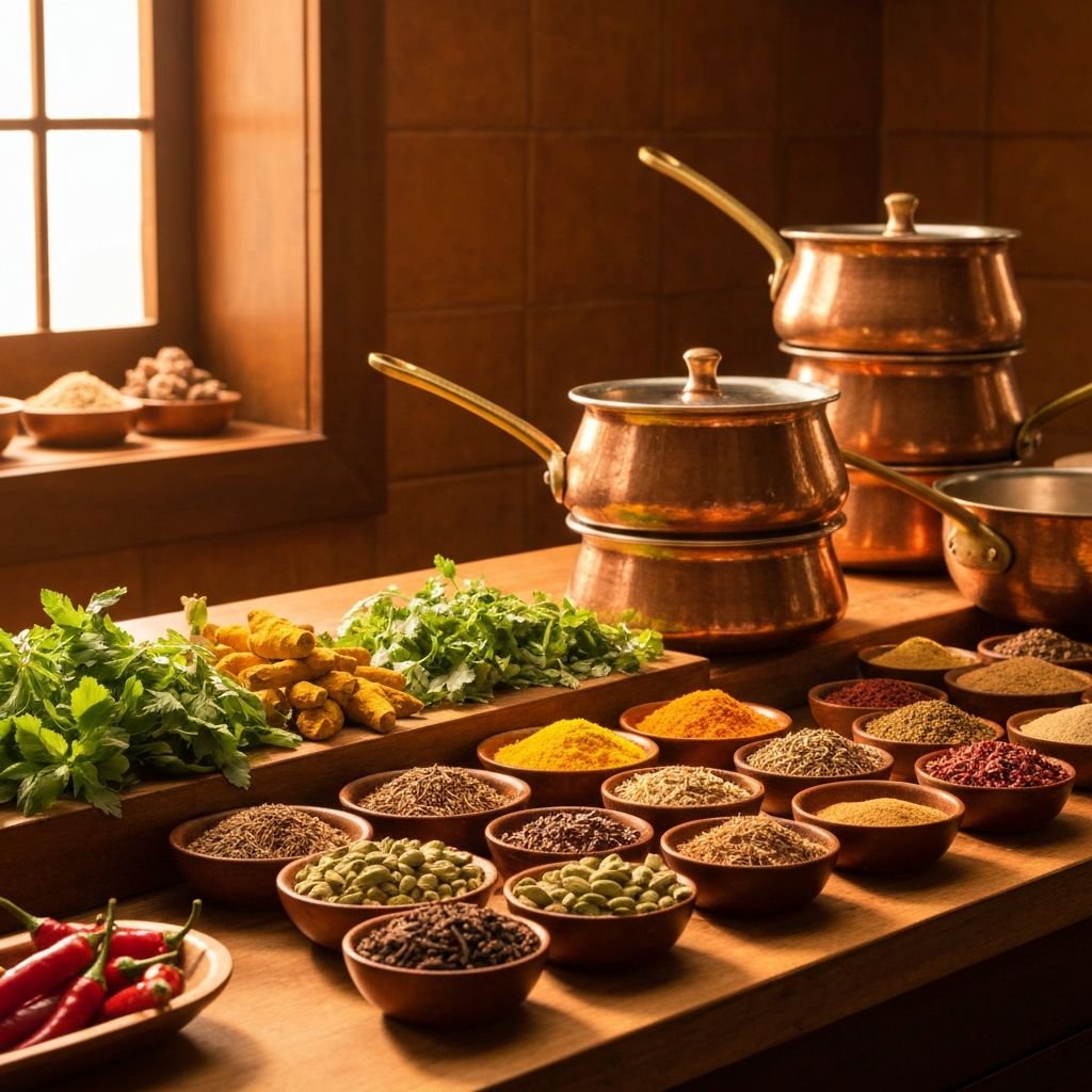 Warm Indian kitchen with colourful spices and copper pots — the heart of AQ's Indian Food Square