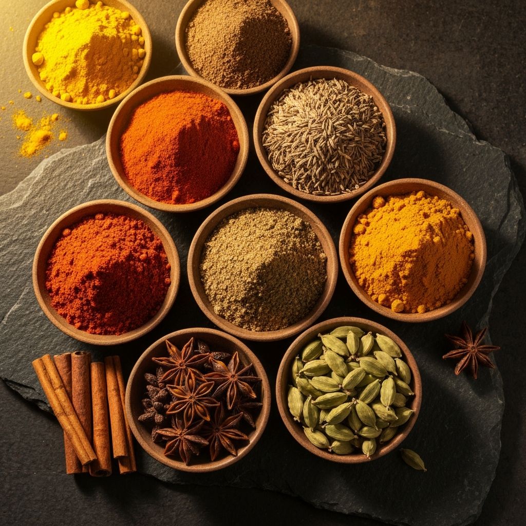 Colourful Indian spices including turmeric, paprika, cumin and cardamom — the foundation of AQ's authentic recipes